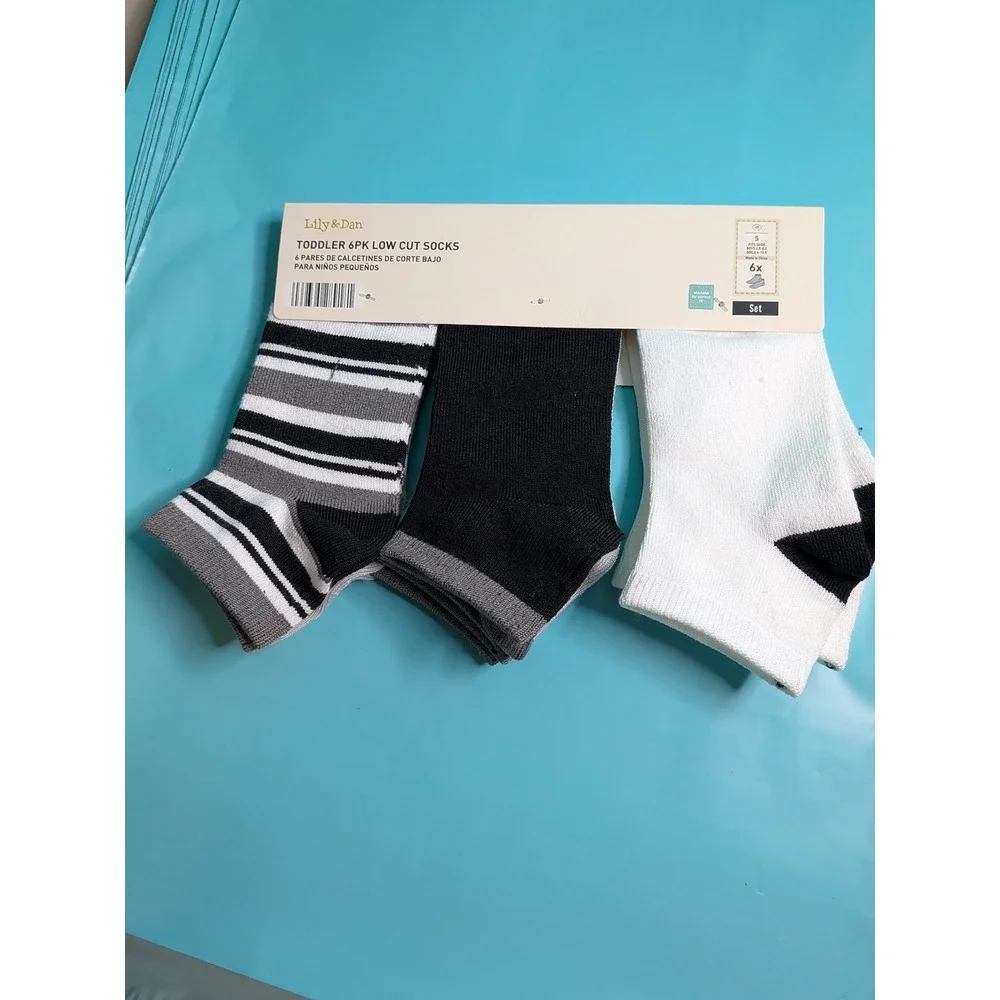 Lily & Dan Toddler 6pk Low Cut Socks Black White Grey Striped Size S 6-10.5 NEW